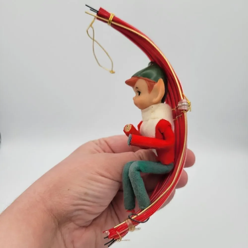 Vintage Rare Felted Pixie Elf  on a Red Hammock Swing Christmas Ornament